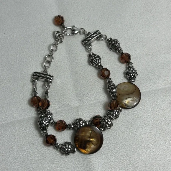 Brighton Utopia Bracelet Silver Plated & Brown Beaded Double Strand Chain 8.5" - Picture 6 of 7